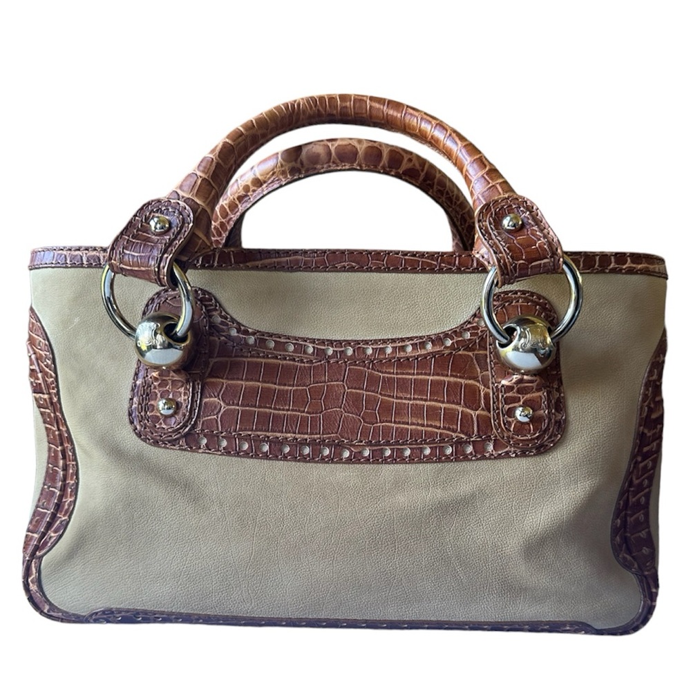Vintage CELINE Old Boogie Bag Croc Embossed Leather Handbag Tea Brown Beige - Picture 2 of 11